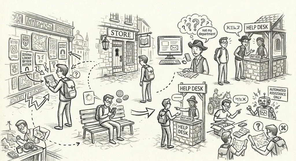 A disconnected historical tour workflow — separate systems with no shared data