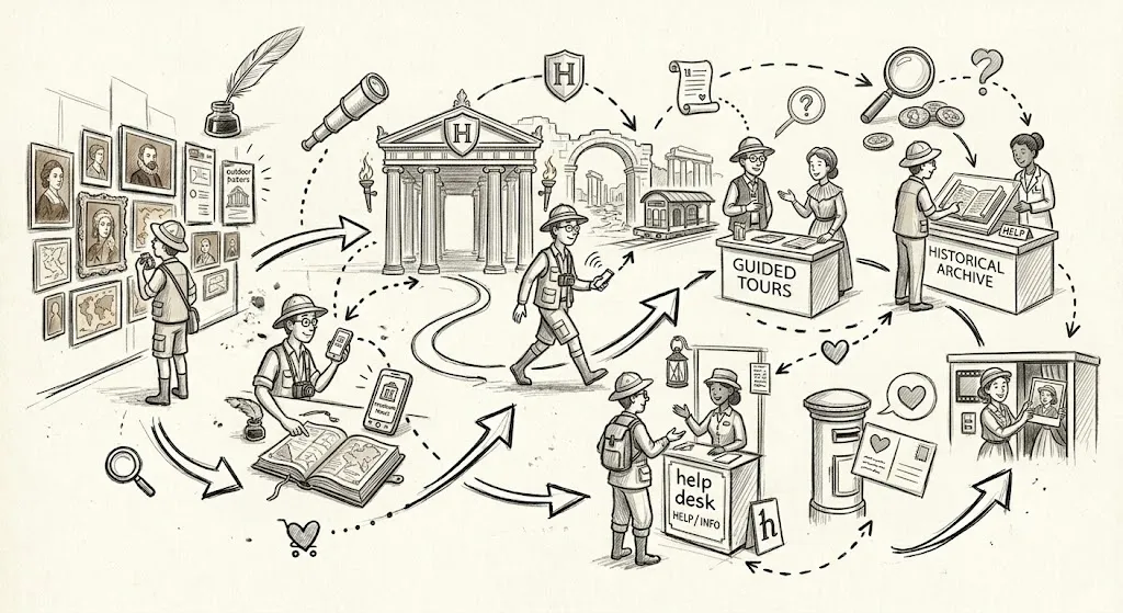 A connected historical tour workflow — data flowing across touchpoints